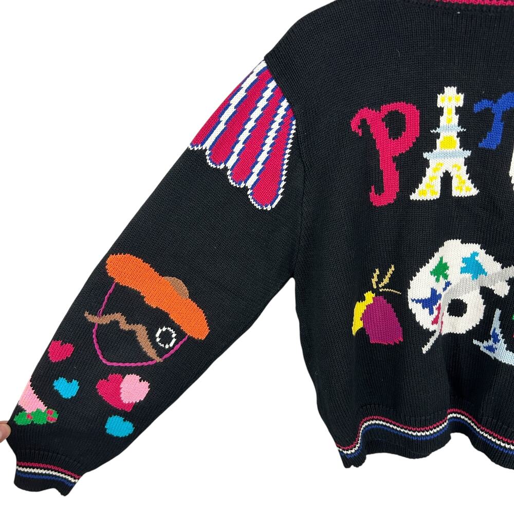 Vintage Maximalist 80s Intarsia Paris Long Sleeve Graphic Sweater M - Picture 5 of 10